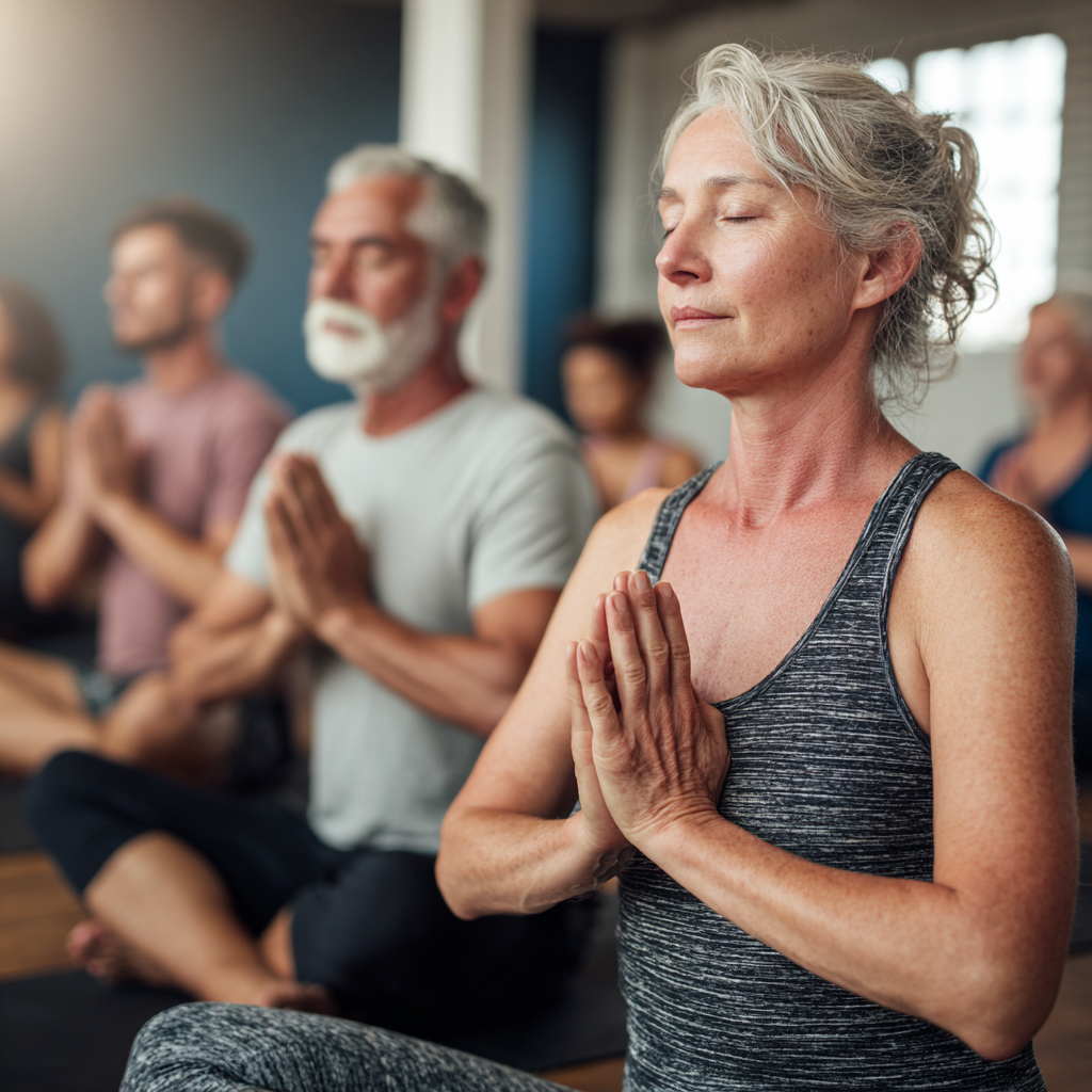 Group of middle-aged people practicing yoga in serene studio environment